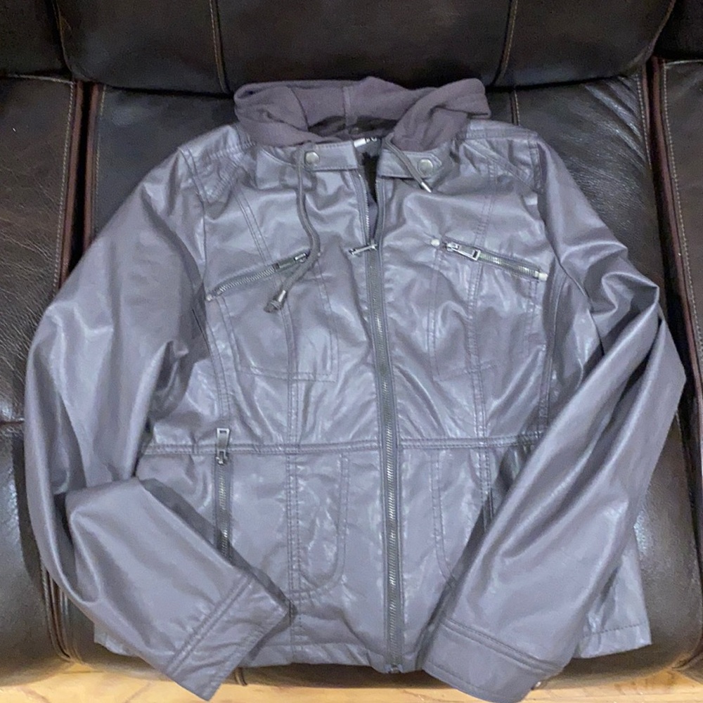 New! Women’s Gray Leather Jacket with Hoodie